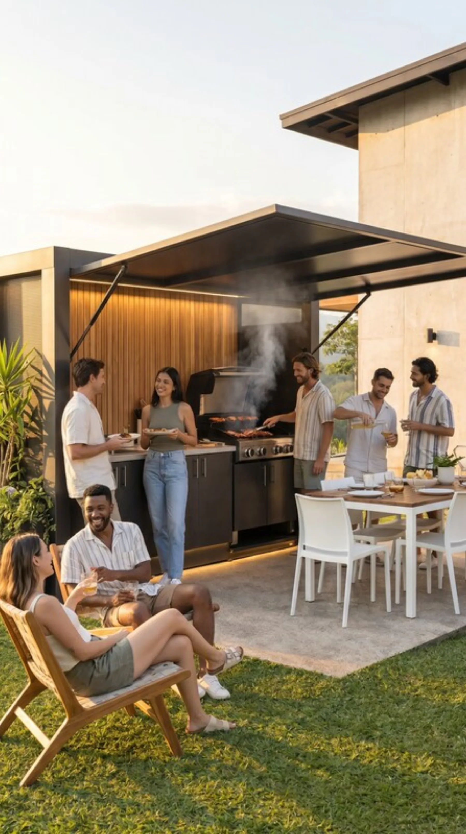 Grupo de amigos disfrutando un asado junto a la Estación Integrada FORA, al atardecer