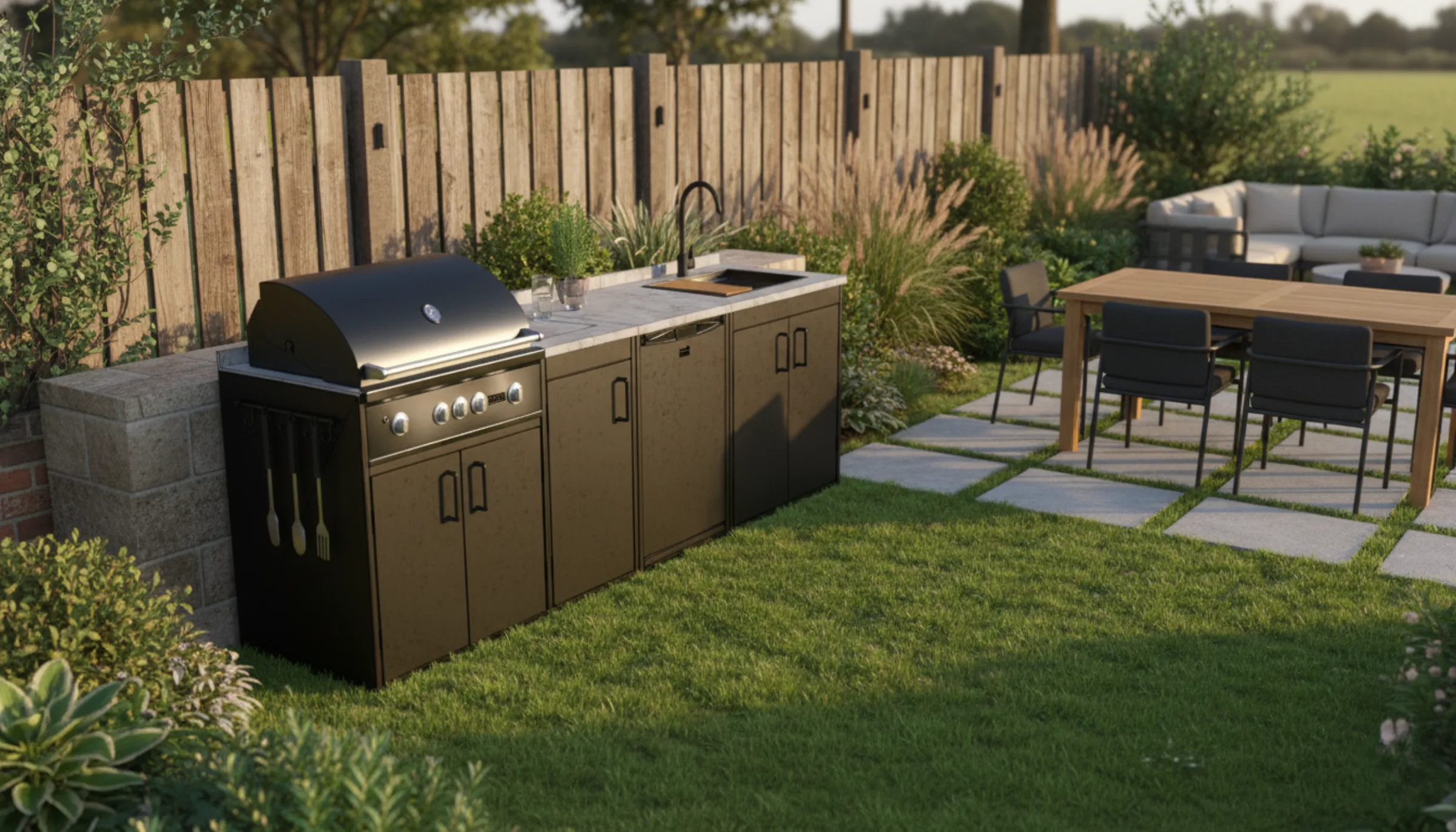 Sistema Modular FORA de 3 módulos al aire libre, con parrilla, mesón y lavaplatos, junto a zona de estar exterior