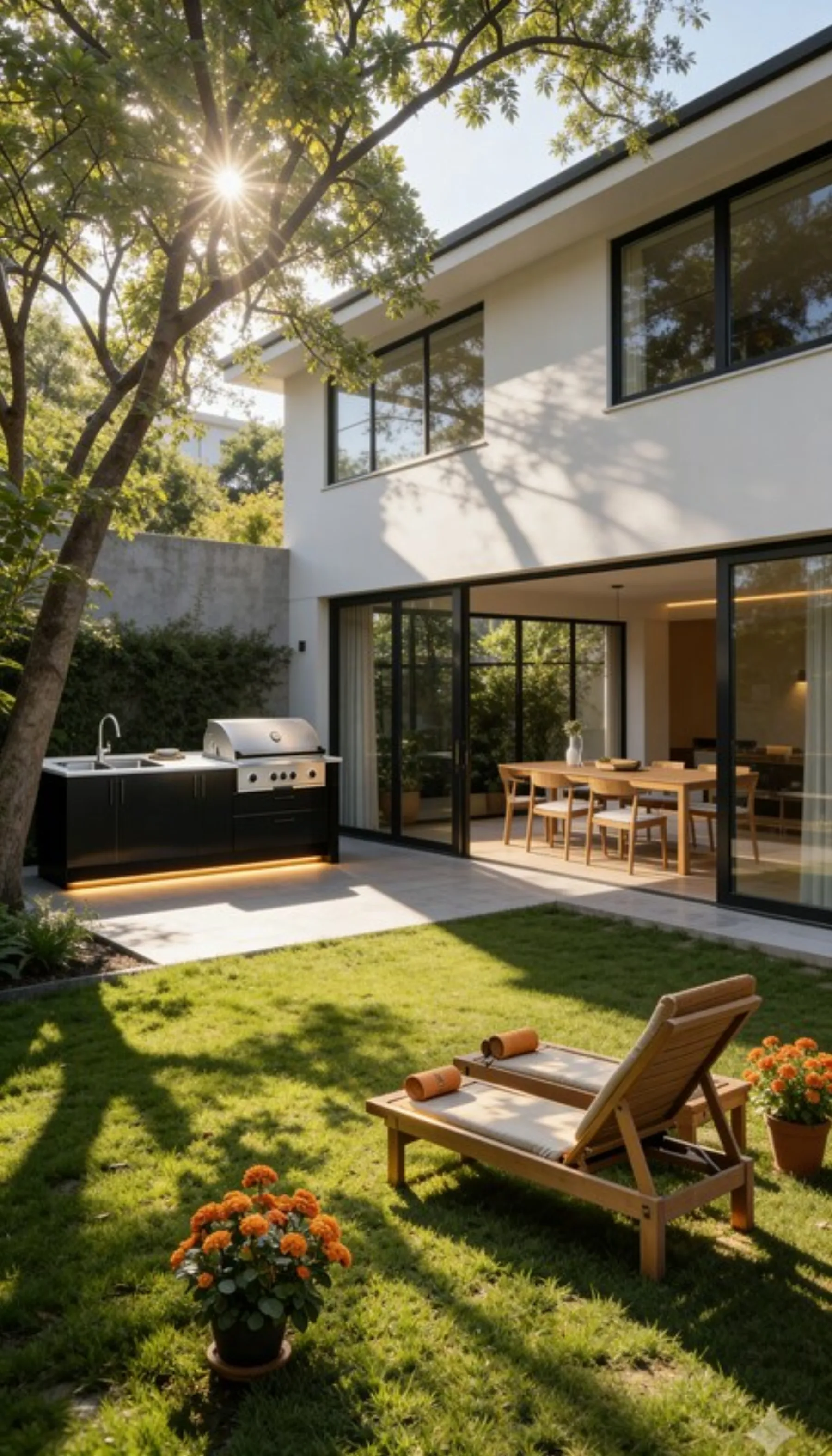Sistema Modular FORA en el jardín, junto al césped y una silla de descanso