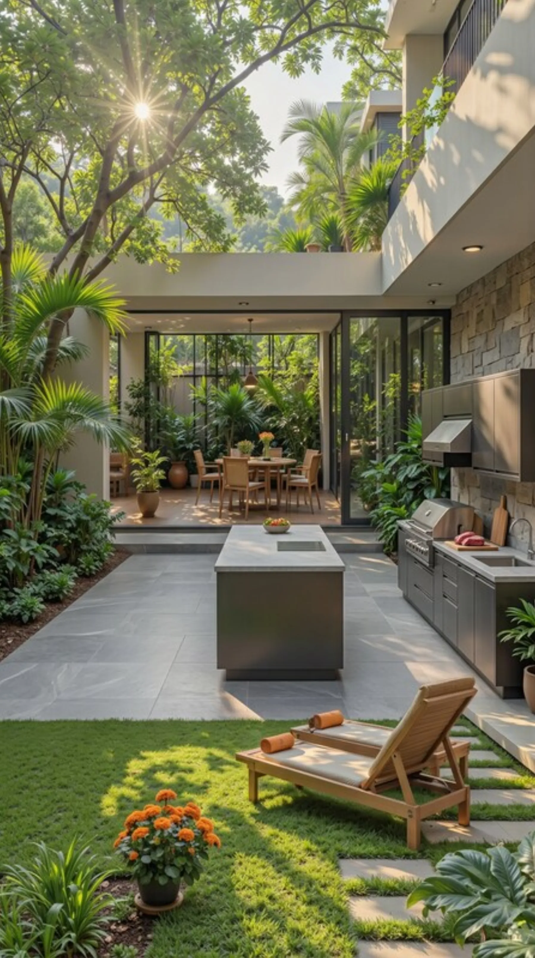 Sistema Modular FORA en patio interior con palmeras y zona de comedor